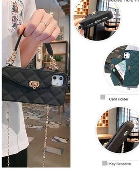 Quilted Black Wristlet Phone Case with Gold Chain Accent